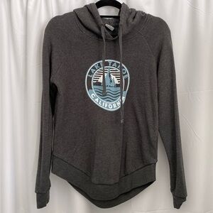 MV Sport womens sweatshirt hoodie, heather gray, logo “Lake Tahoe California”.